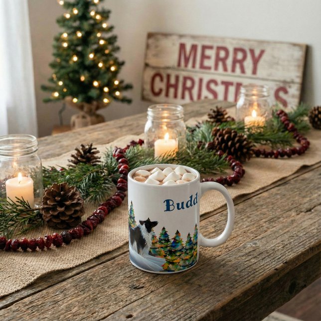 Border Collie im Winterschneewald Weihnachtsbaum Kaffeetasse (Von Creator hochgeladen)