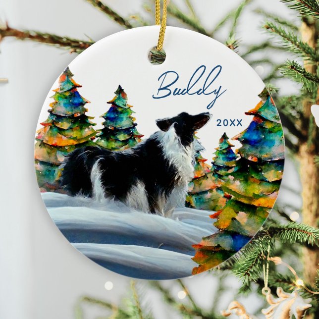 Border Collie im Winterschneewald Weihnachtsbaum Keramik Ornament (Von Creator hochgeladen)