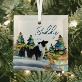 Border Collie im Winterschneewald Weihnachtsbaum Ornament Aus Glas