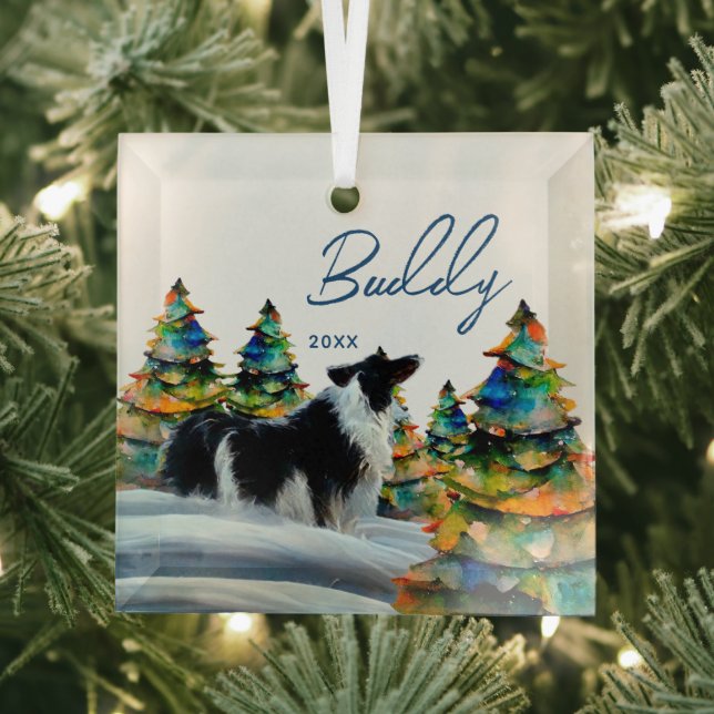 Border Collie im Winterschneewald Weihnachtsbaum Ornament Aus Glas (Insitu)