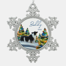 Border Collie im Winterschneewald Weihnachtsbaum Schneeflocken Zinn-Ornament