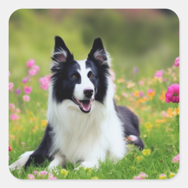 Border Collie in field of Blume Square Aufkleber (Vorderseite)