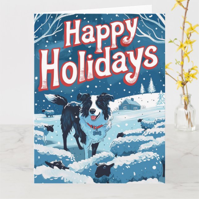 Border Collie in Snow Christmas Karte (Gelbe Blume)