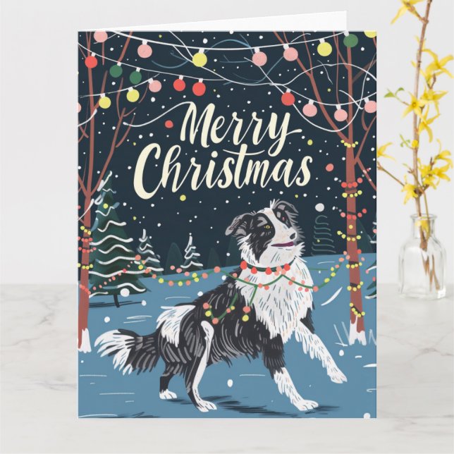 Border Collie in Snow Christmas Karte (Gelbe Blume)