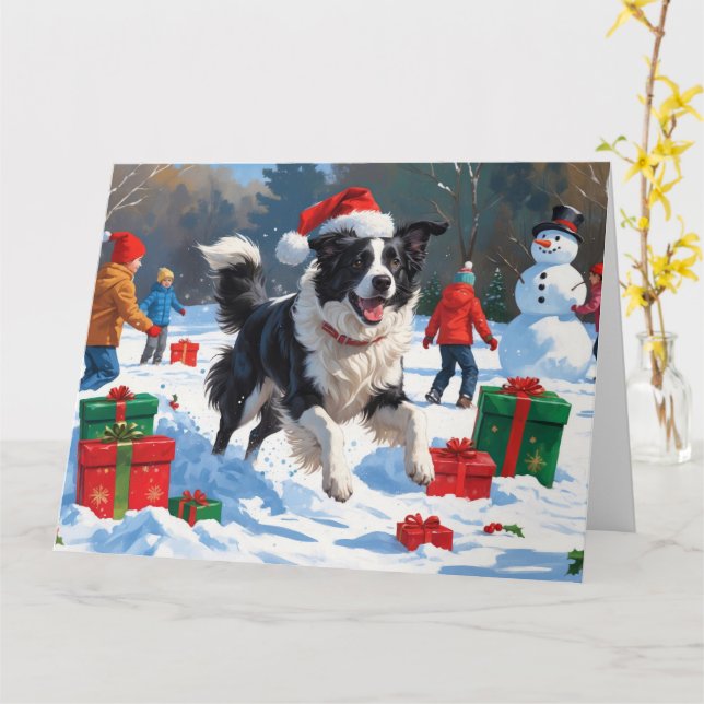 Border Collie in Weihnachtsmannmütze Snow spielen Karte (Gelbe Blume)