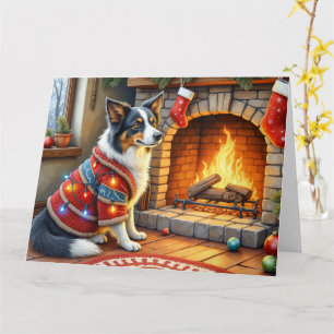 Border Collie Kamin mit Weihnachtslichtern Karte