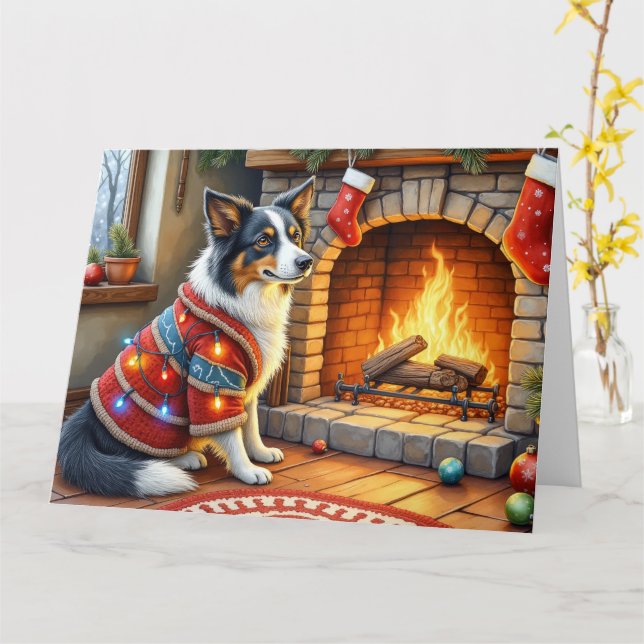 Border Collie Kamin mit Weihnachtslichtern Karte (Gelbe Blume)