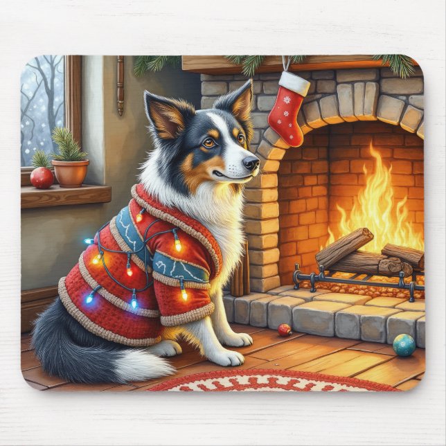 Border Collie Kamin mit Weihnachtslichtern Mousepad (Vorne)
