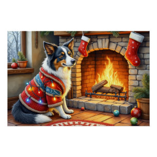 Border Collie Kamin mit Weihnachtslichtern Poster