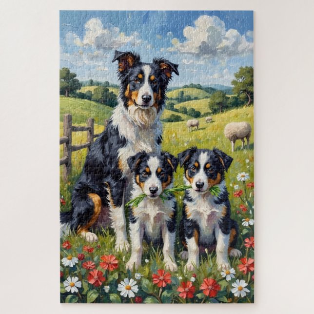 Border Collie Klee Wiese Kunst Puzzle (Vertikal)