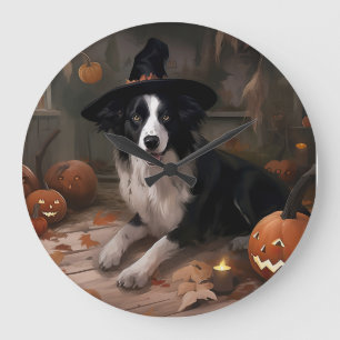Border Collie Kürbisse Halloween Gruselig Große Wanduhr
