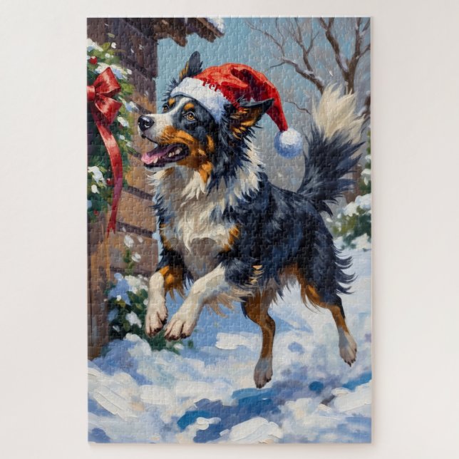 Border Collie Mid-Air Christmas Bow Catch Hat Puzzle (Vertikal)