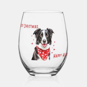 Border Collie mit dem Roten Herz Bandana Weihnacht Weinglas Ohne Stiel