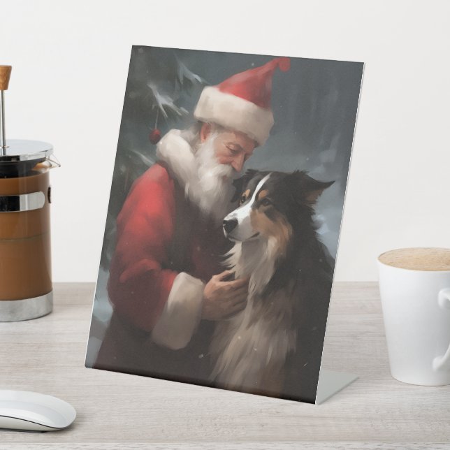 Border Collie mit dem Weihnachtsmann Sockelschild