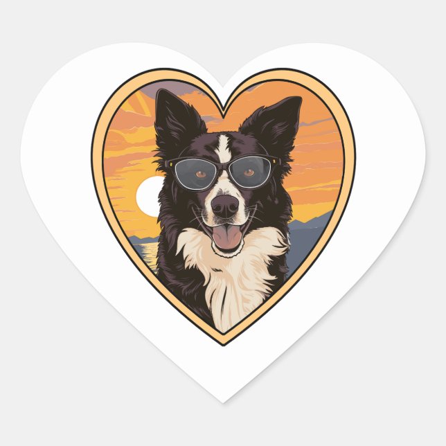 Border Collie mit Sonnenbrille Herz-Aufkleber (Vorderseite)