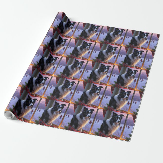 Border Collie mit Weihnachtslichtern Feiertag Geschenkpapier (Ungerollt)