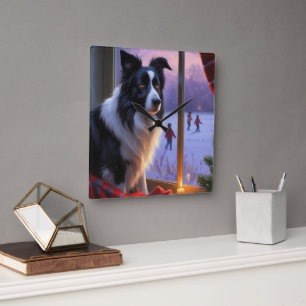Border Collie mit Weihnachtslichtern Feiertag Quadratische Wanduhr