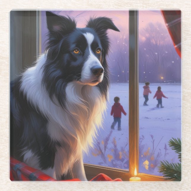 Border Collie mit Weihnachtslichtern Urlaub Glasuntersetzer (Vorderseite)