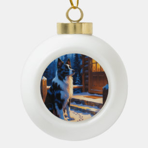 Border Collie mit Weihnachtslichtern Urlaub Keramik Kugel-Ornament