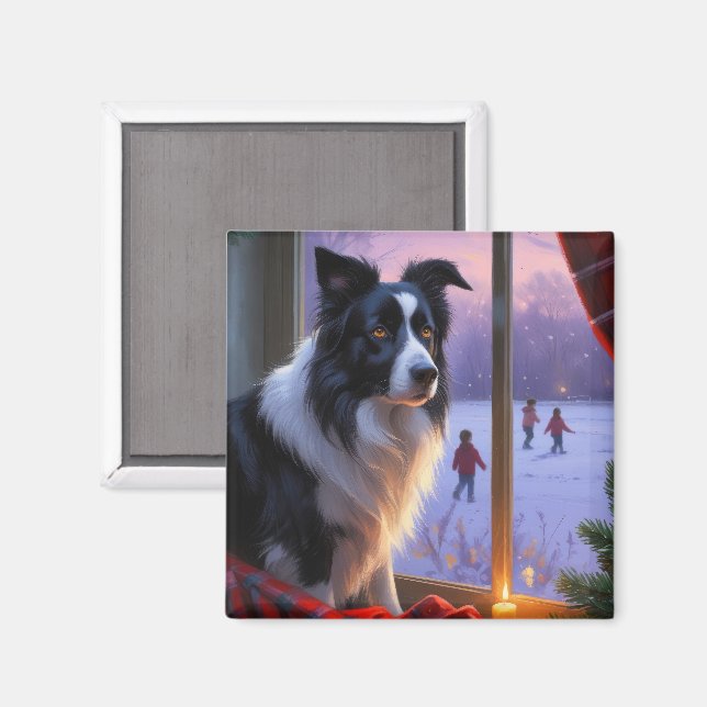 Border Collie mit Weihnachtslichtern Urlaub Magnet (Vorderseite/Rückseite)
