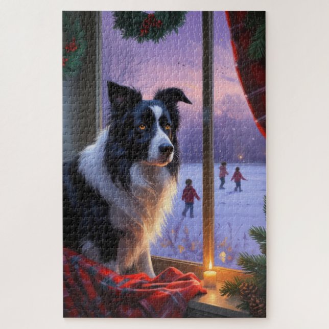 Border Collie mit Weihnachtslichtern Urlaub Puzzle (Vertikal)