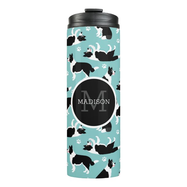 Border Collie Monogramm und Name Thermosbecher (Vorderseite)