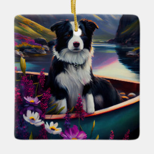 Border Collie on a Paddle: Ein Landschaftliches Ab Keramikornament