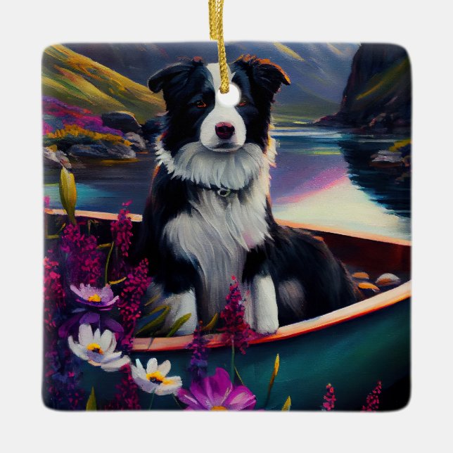 Border Collie on a Paddle: Ein Landschaftliches Ab Keramikornament (Vorderseite)