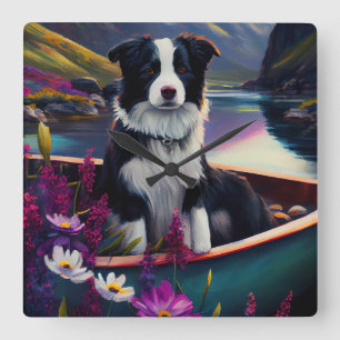 Border Collie on a Paddle: Ein Landschaftliches Ab Quadratische Wanduhr