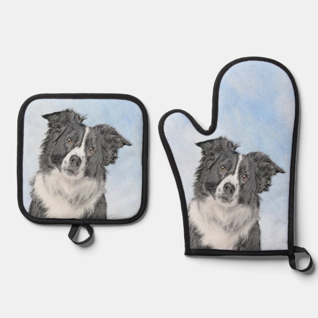 Border Collie Painting Rough Black & White Dog Art Ofenhandschuh & Topflappen-Set (Vorderseite)