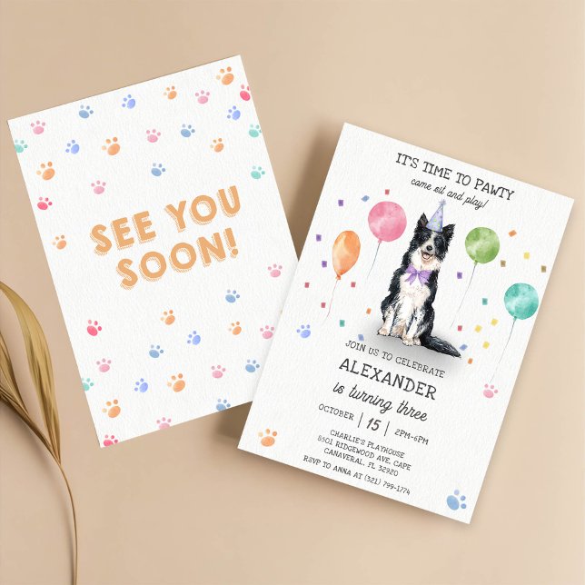 Border Collie Pawty Doppy Welpe Birthday Blue Einladung (Von Creator hochgeladen)