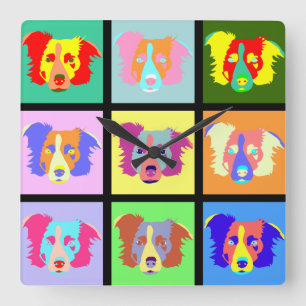 Border Collie Pop Art Quadratische Wanduhr
