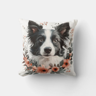 Border Collie-Porträt mit floralem Rahmen Kissen
