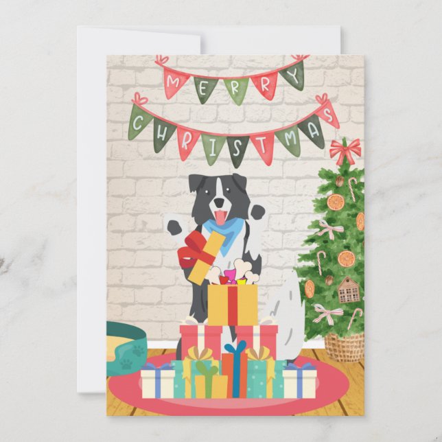 Border Collie präsentiert Knochen Weihnachten (Vorderseite)