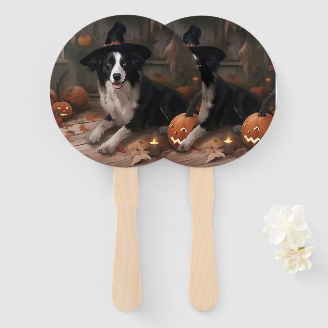 Border Collie Pumpkins Halloween Beängstigend Fächer (Vorne und Hinten)