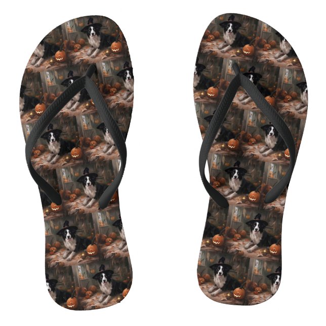 Border Collie Pumpkins Halloween Beängstigend Flip Flops (Fußbett)