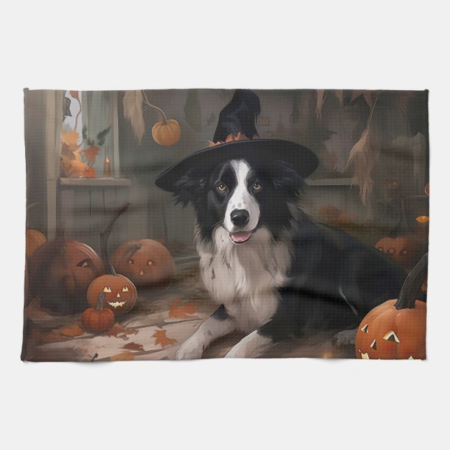 Border Collie Pumpkins Halloween Beängstigend Geschirrtuch (Horizontal)