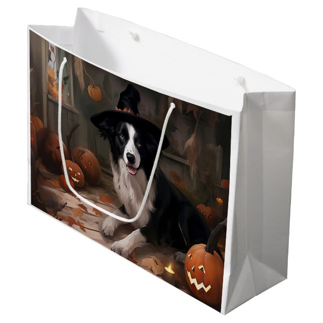 Border Collie Pumpkins Halloween Beängstigend Große Geschenktüte (Vorderseite Schrägansicht)
