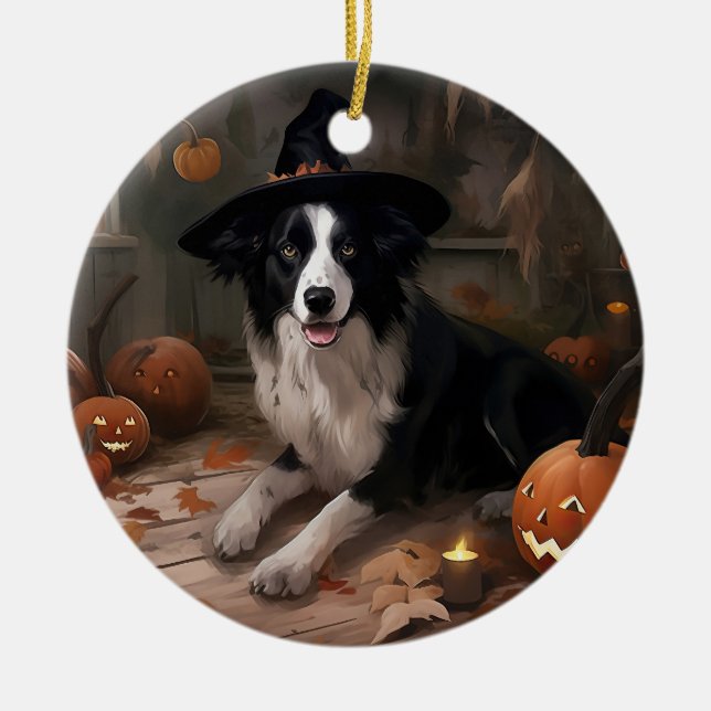 Border Collie Pumpkins Halloween Beängstigend Keramik Ornament (Vorne)