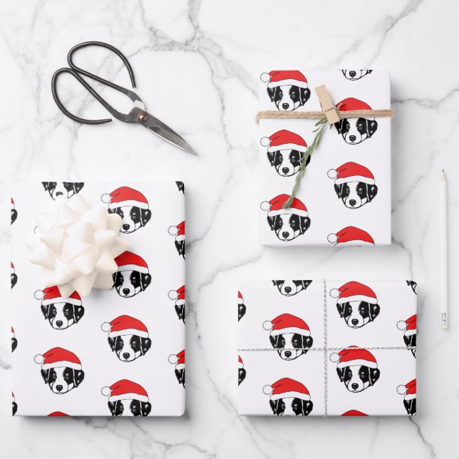 Border Collie Puppy-Weihnachtsmannmütze Geschenkpapier Set (Vorderseite)