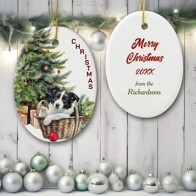 Border Collie Puppy Wicker Korbwein Weihnachten Keramik Ornament (Von Creator hochgeladen)