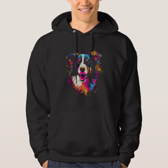 Border Collie Rainbow Splashes Retro Design Hoodie (Vorderseite)