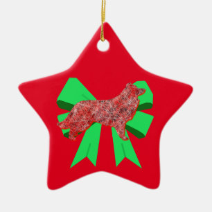 Border Collie Red Dog & Green Bow Weihnachten Keramik Ornament