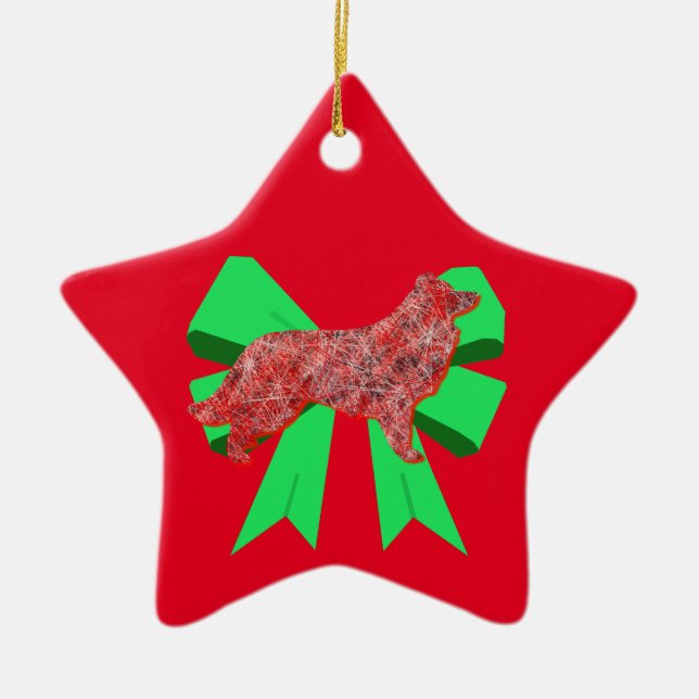 Border Collie Red Dog & Green Bow Weihnachten Keramik Ornament (Vorne)
