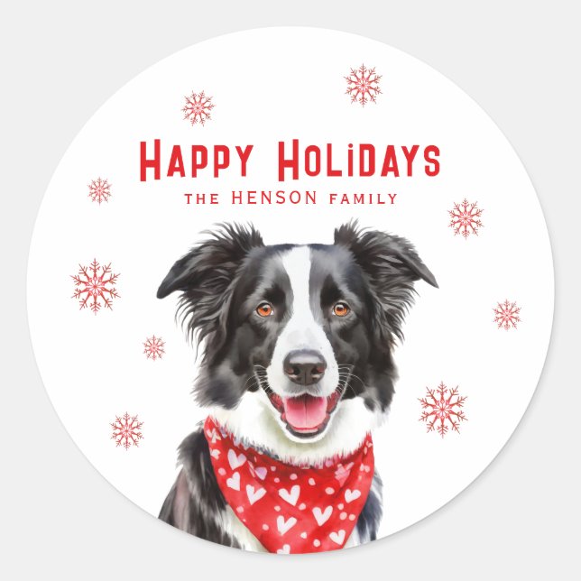 Border Collie Red Heart Bandana Christmas Photo Runder Aufkleber (Vorderseite)