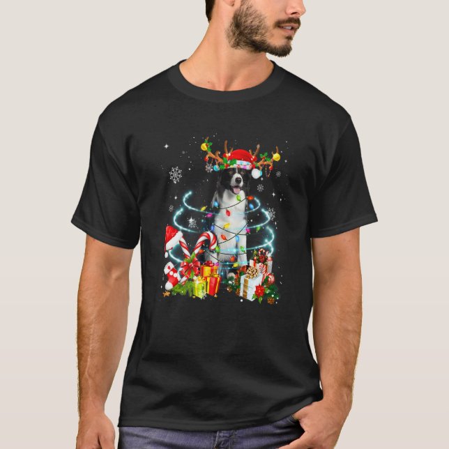 Border Collie Reindeer Christmas Tree Lights Pajam T-Shirt (Vorderseite)
