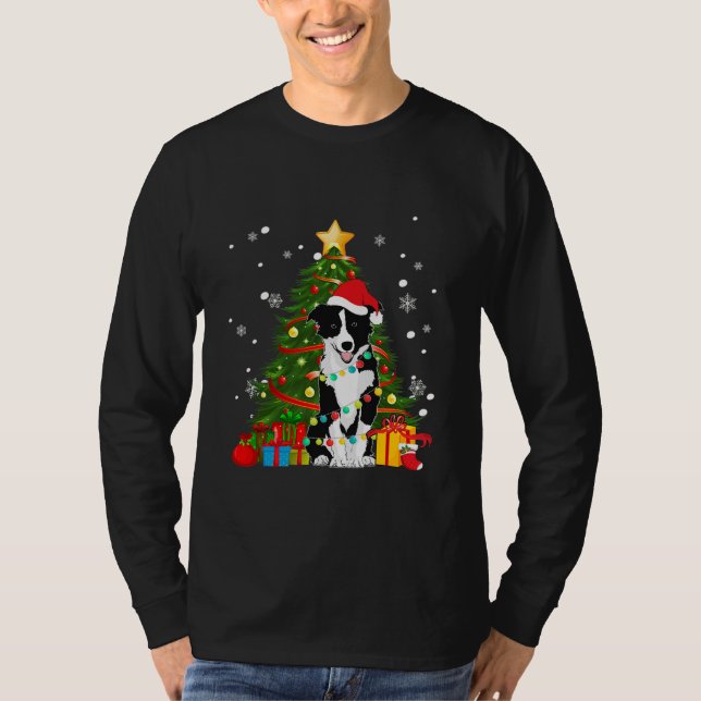 Border collie Santa Christmas Tree Light Pajama T-Shirt (Vorderseite)