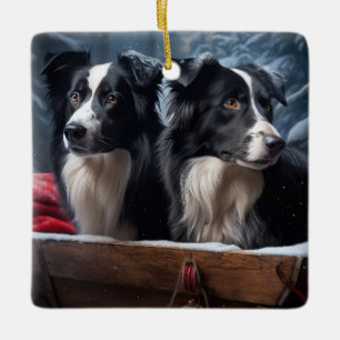 Border Collie Schneebedeckter Schlitten Weihnachts Keramikornament