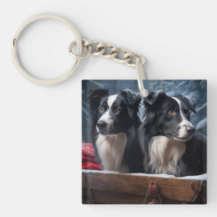 Border Collie Schneebedeckter Schlitten Weihnachts Schlüsselanhänger