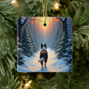 Border Collie Schneewald Spaziergang Urlaubsbild Keramikornament